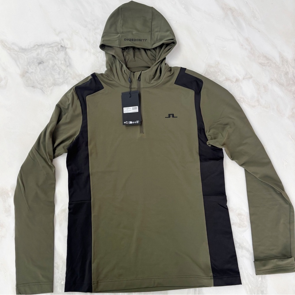 J.Lindeberg Lukas Quarter Zip Mid Layer Hood Slim Fit Mens Size Large Green New
